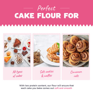 cake flour for cakes, soft cookies and waffles and cinnamon rolls